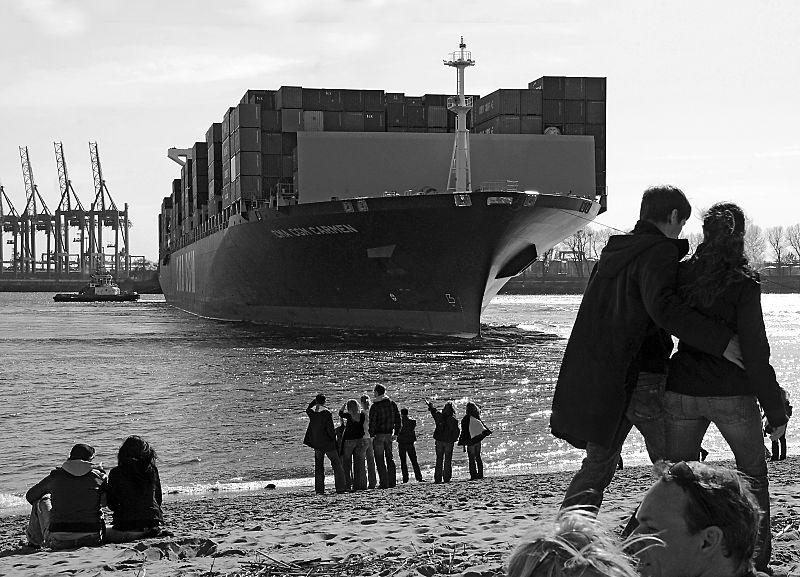 432_36 Wenden eines Containerschiffs auf der Elbe - Zuschauer bei der Strandperle. | Oevelgoenne + Elbstrand.